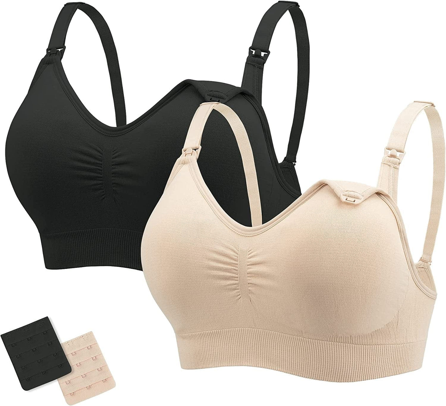 Nursing Bras Maternity Bra for Breastfeeding Pregnancy Wireless Bralette with Pads, Extenders & Clips Pack of 2/3 Black+beige / X-Large