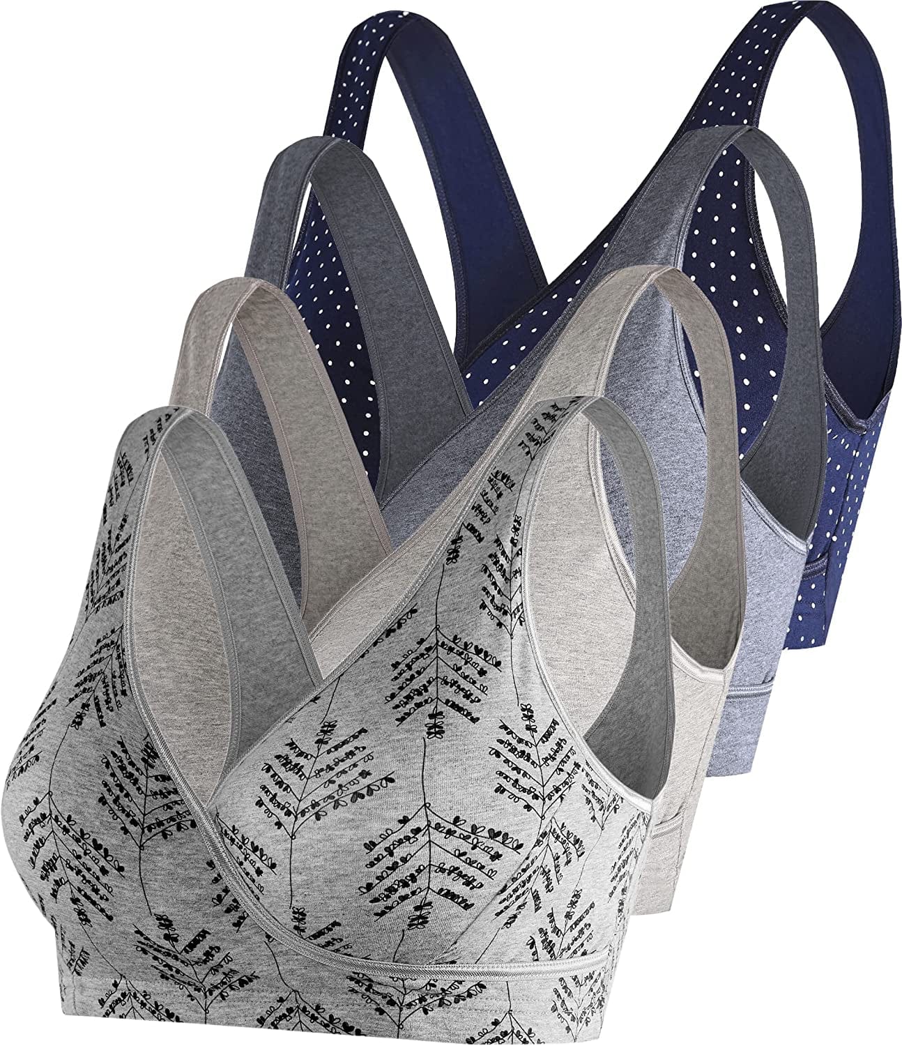 Nursing Sleep Bra Maternity Bralette Breastfeeding Cotton Pregnancy Bras 4 Pack Dark Grey/Gray/Grey Print/Navy Dot-4pcs / X-Large