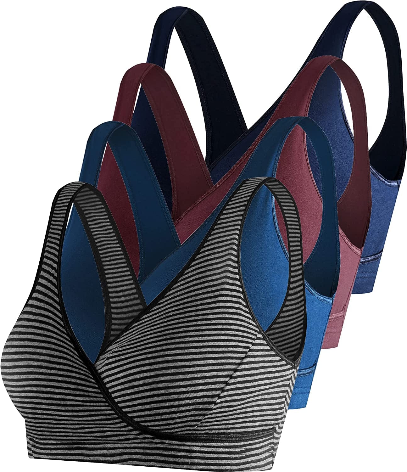 Nursing Sleep Bra Maternity Bralette Breastfeeding Cotton Pregnancy Bras 4 Pack Navy/Stripe/Burgundy/Atrovirens-4pcs / X-Large