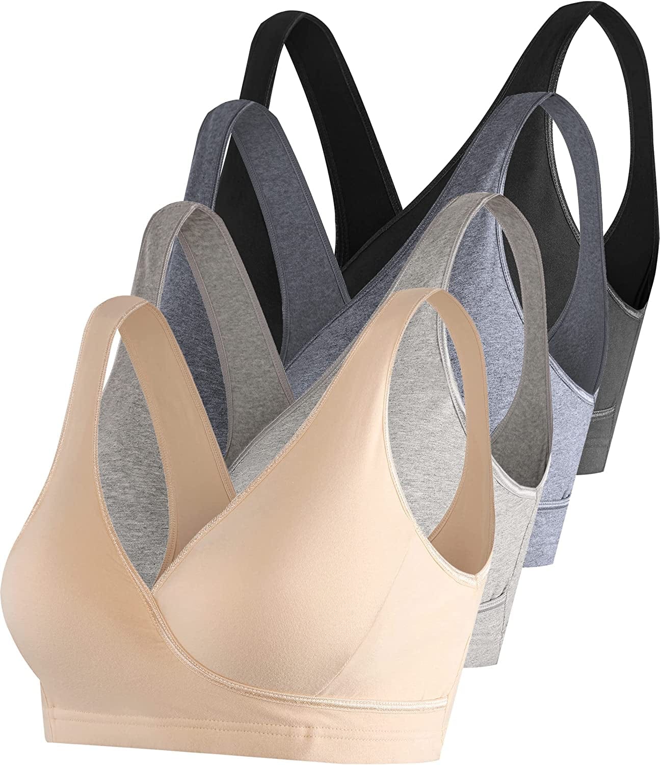 Nursing Sleep Bra Maternity Bralette Breastfeeding Cotton Pregnancy Bras 4 Pack Black/Dark Grey/Grey/Nude-4pcs / Medium