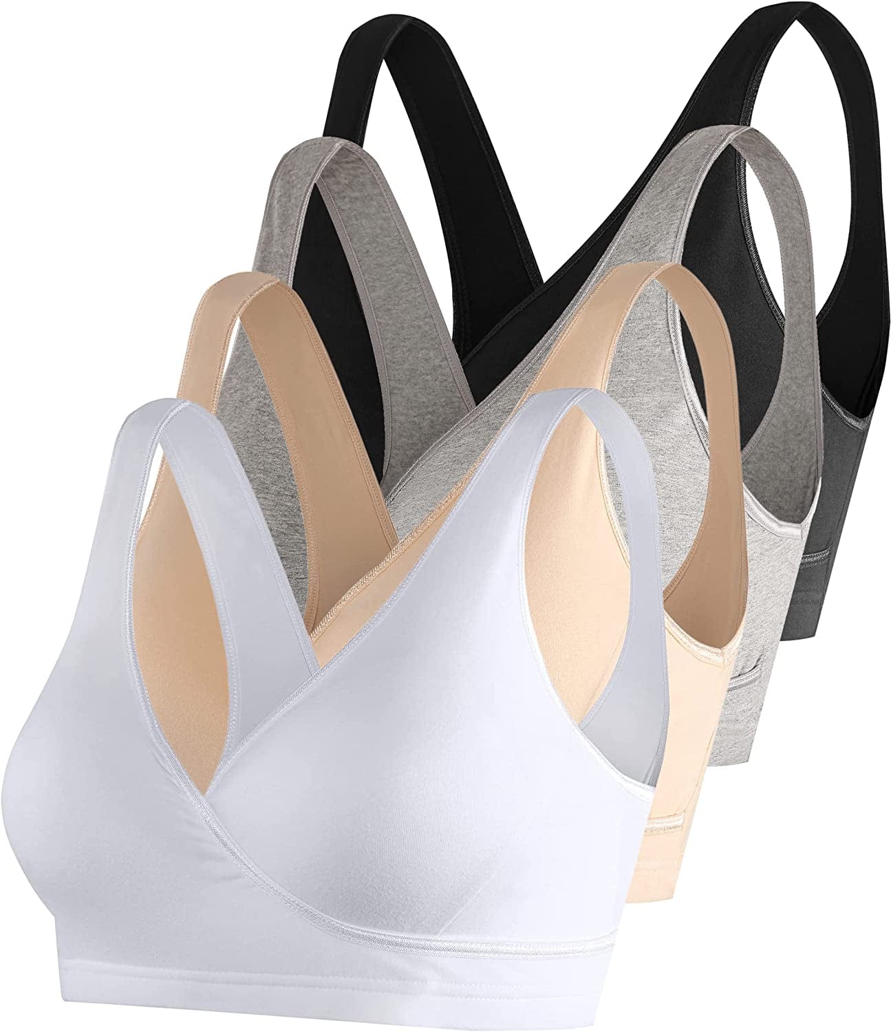 Nursing Sleep Bra Maternity Bralette Breastfeeding Cotton Pregnancy Bras 4 Pack Black/Grey/Nude/White-4pcs / Large