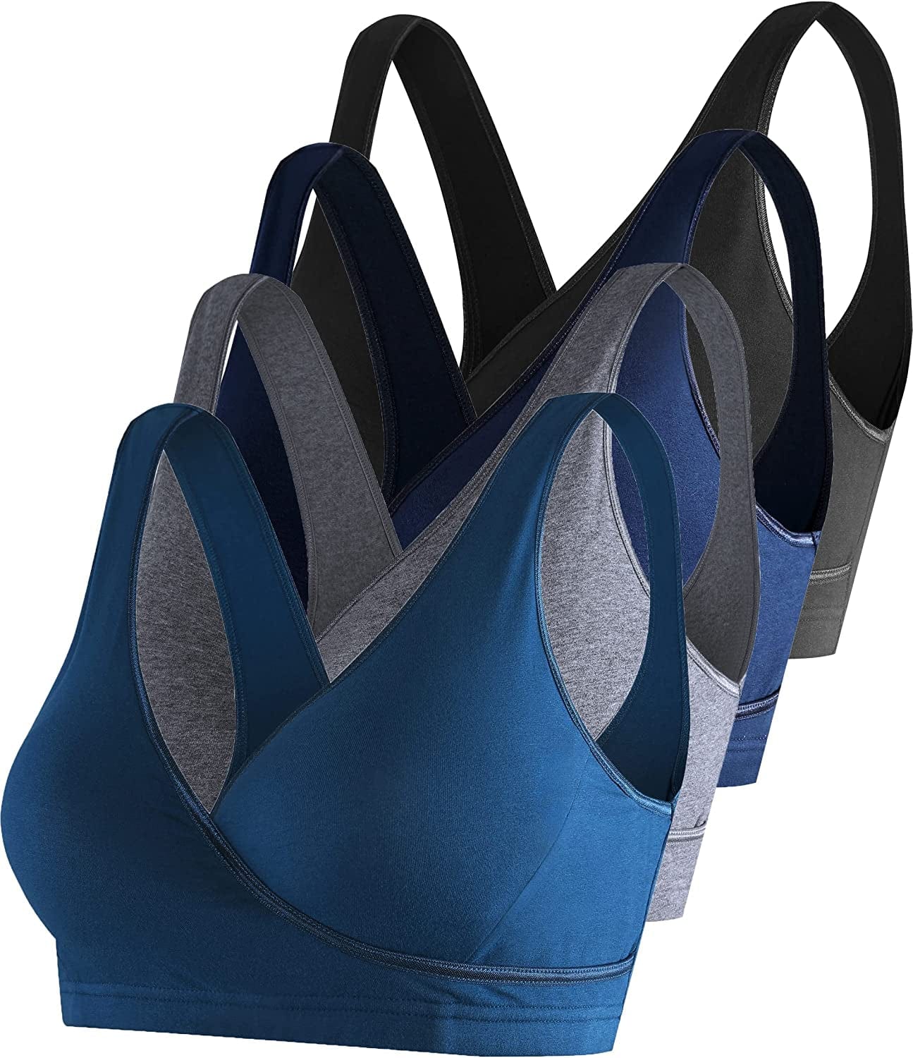 Nursing Sleep Bra Maternity Bralette Breastfeeding Cotton Pregnancy Bras 4 Pack Black/Navy/Dark Grey/Atrovirens-4pcs / Medium