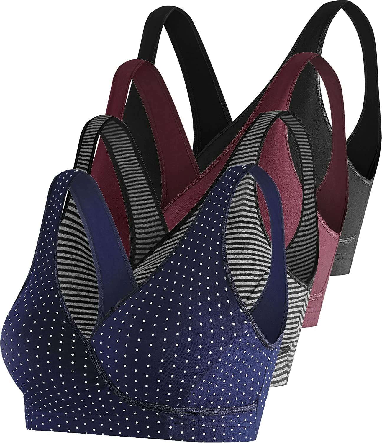 Nursing Sleep Bra Maternity Bralette Breastfeeding Cotton Pregnancy Bras 4 Pack Black/Stripe/Navy Dot/Burgundy-4pcs / X-Large