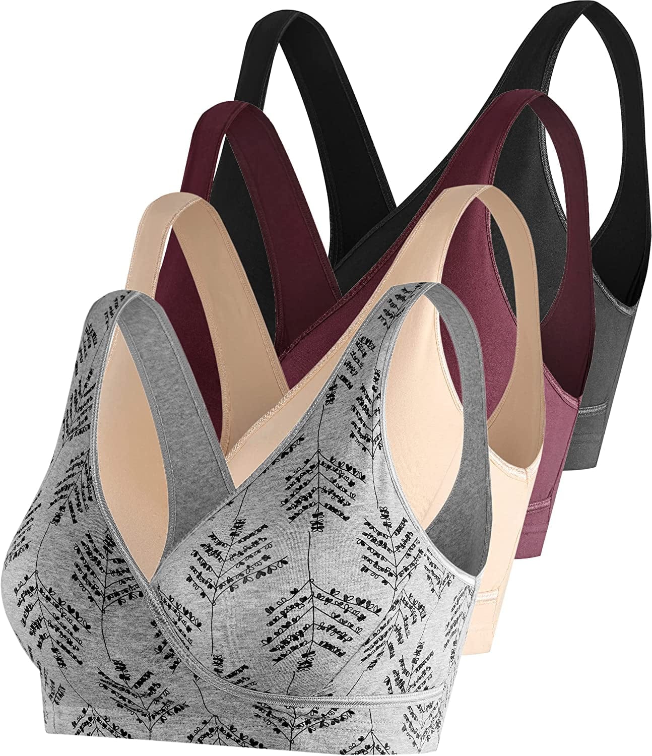 Nursing Sleep Bra Maternity Bralette Breastfeeding Cotton Pregnancy Bras 4 Pack Black/Grey Print/Burgundy/Nude-4pcs / Small