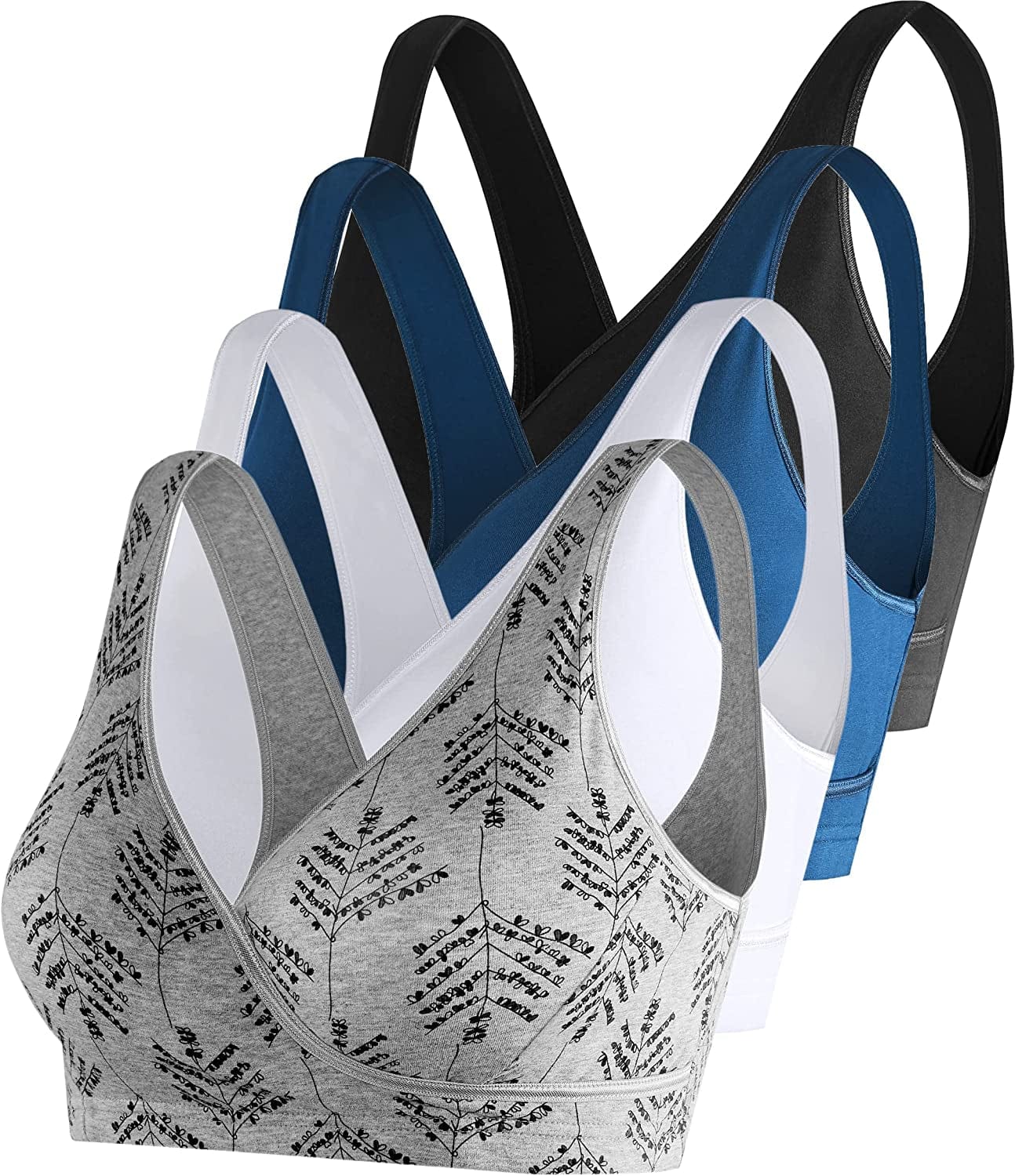 Nursing Sleep Bra Maternity Bralette Breastfeeding Cotton Pregnancy Bras 4 Pack Black/White/Grey Print/Atrovirens-4pcs / Small