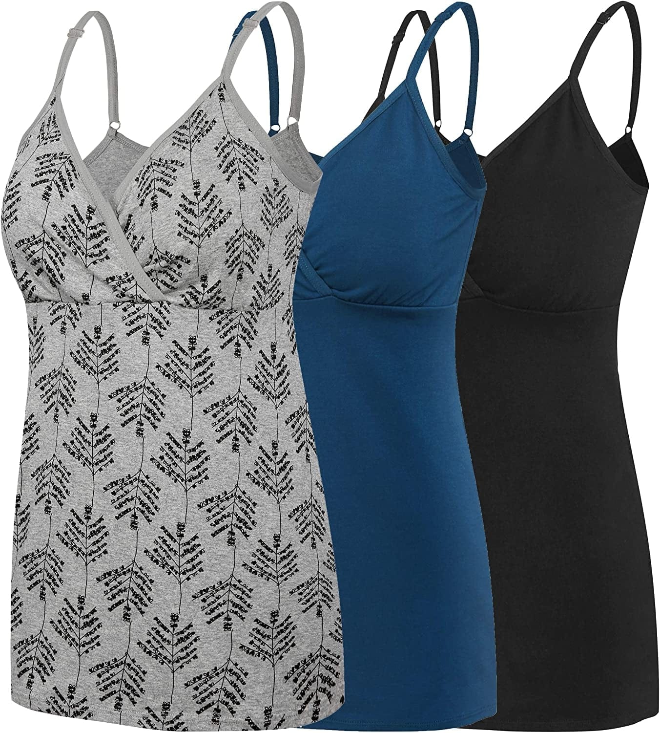 Nursing Tops Tank Shirt Cami Sleep Bra for Maternity and Breastfeeding Black/Atrovirens/Grey Print / Small