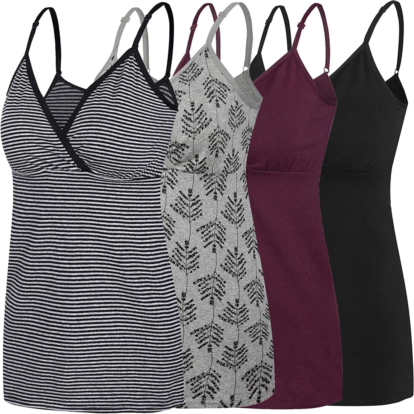 Nursing Tops Tank Shirt Cami Sleep Bra for Maternity and Breastfeeding O-black/Stripe/Burgundy/Grey Print 4pcs / Small