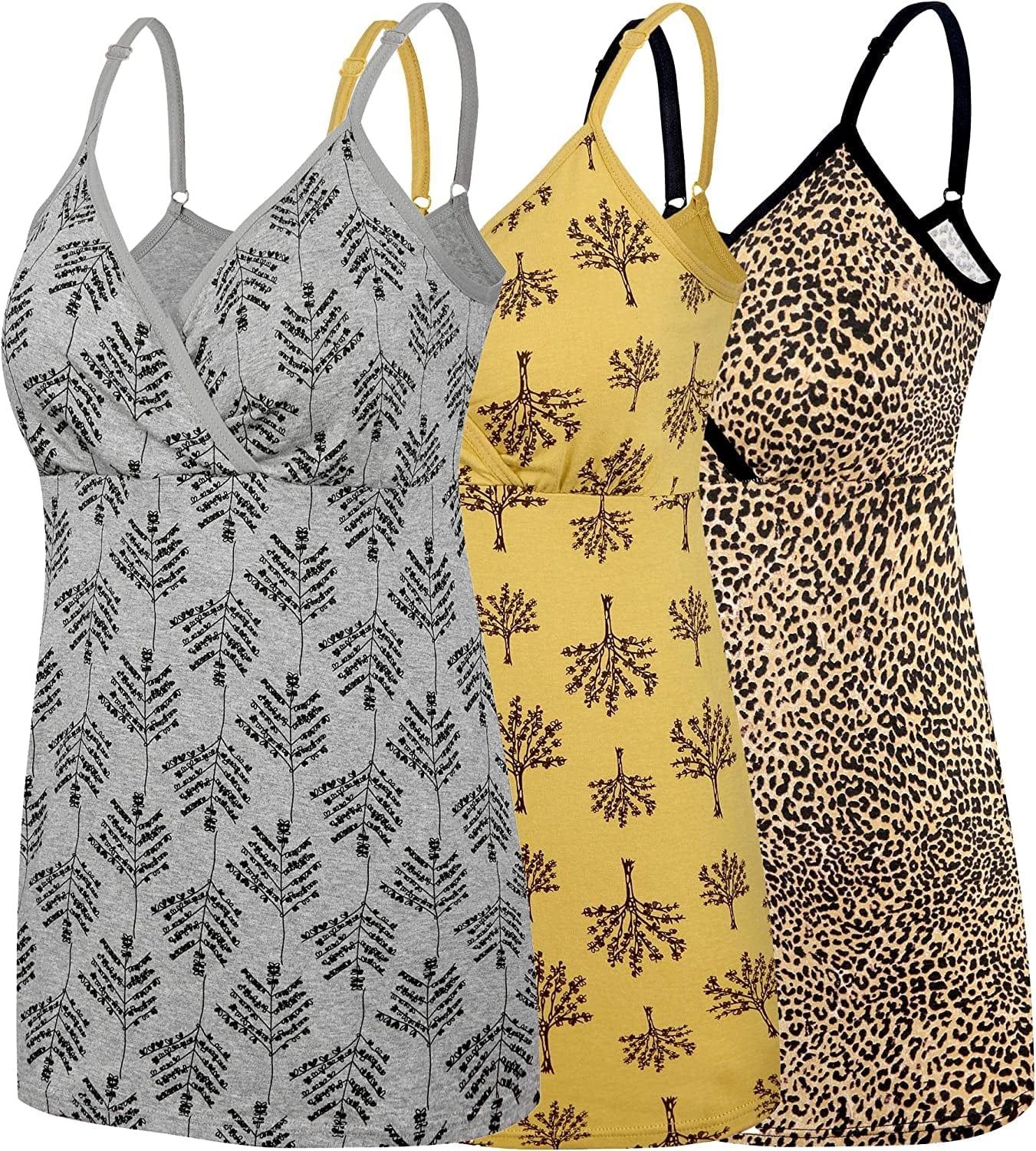 Nursing Tops Tank Shirt Cami Sleep Bra for Maternity and Breastfeeding Grey Print/Leopard Print/Yellow Print / Small
