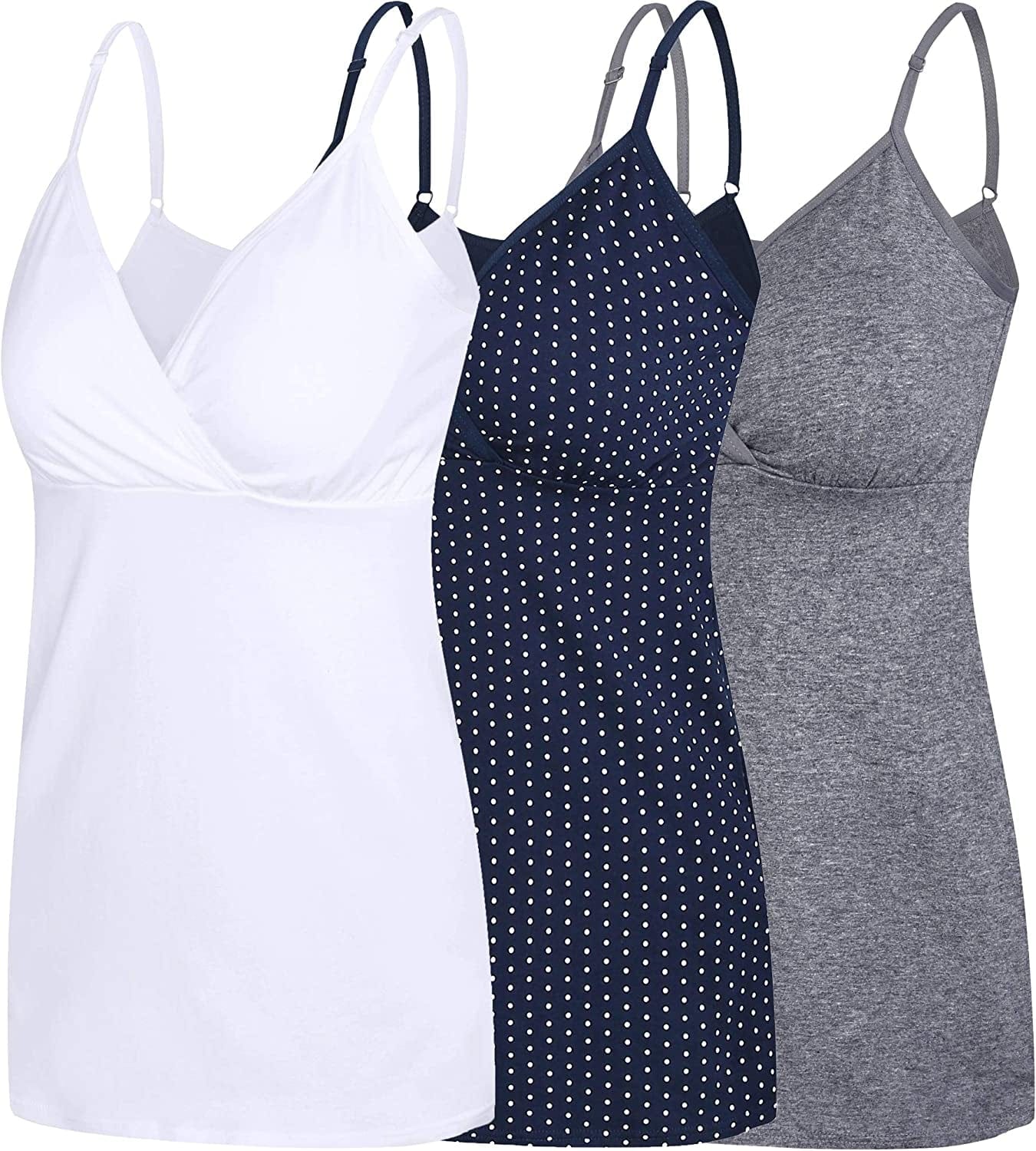 Nursing Tops Tank Shirt Cami Sleep Bra for Maternity and Breastfeeding Navy Dot/Dark Grey/White / Large