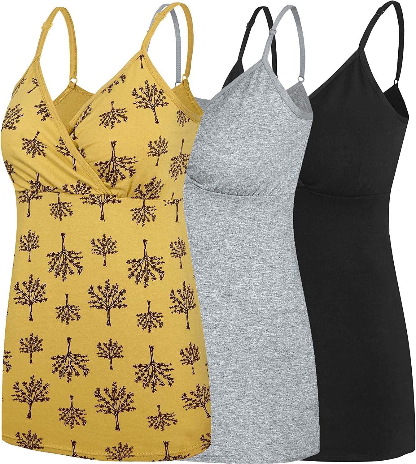 Nursing Tops Tank Shirt Cami Sleep Bra for Maternity and Breastfeeding Black/Grey/Yellow Print / X-Large