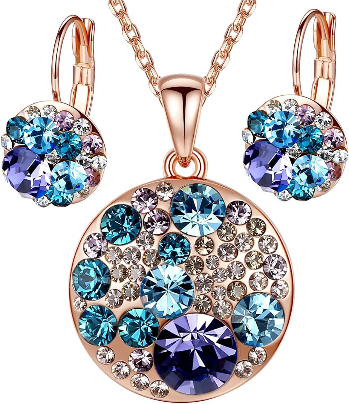 Ocean Bubble Women'S Crystal Jewelry Set Costume Fashion Pendant Necklace Earring Set, Silver Tone or 18K Rose Gold Plated, 18" + 2", Gifts for Women Blue Purple Crystals/Rose Gold Plated Chain