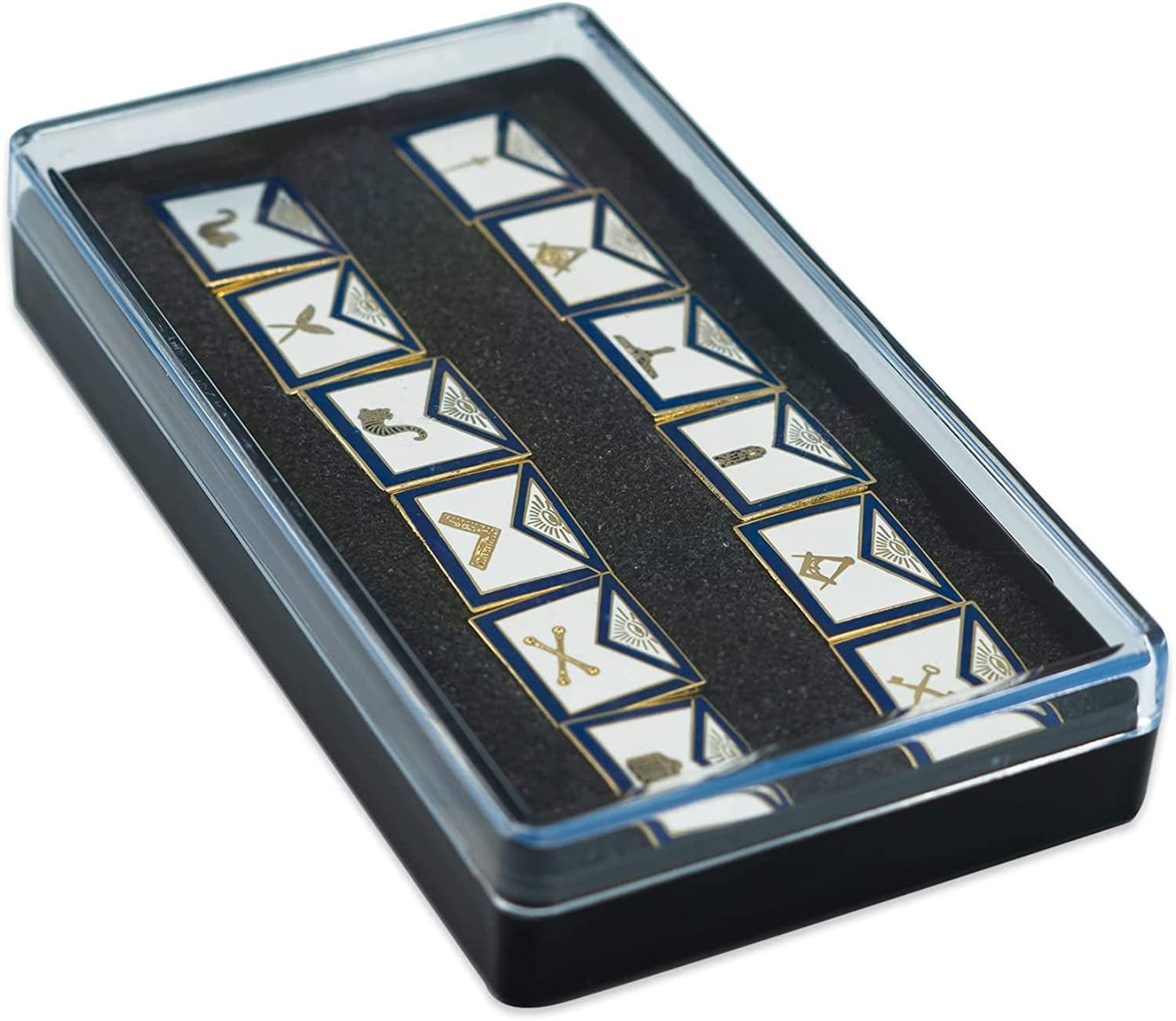 Blue and white masonic lapel pins with butterfly clutch backing