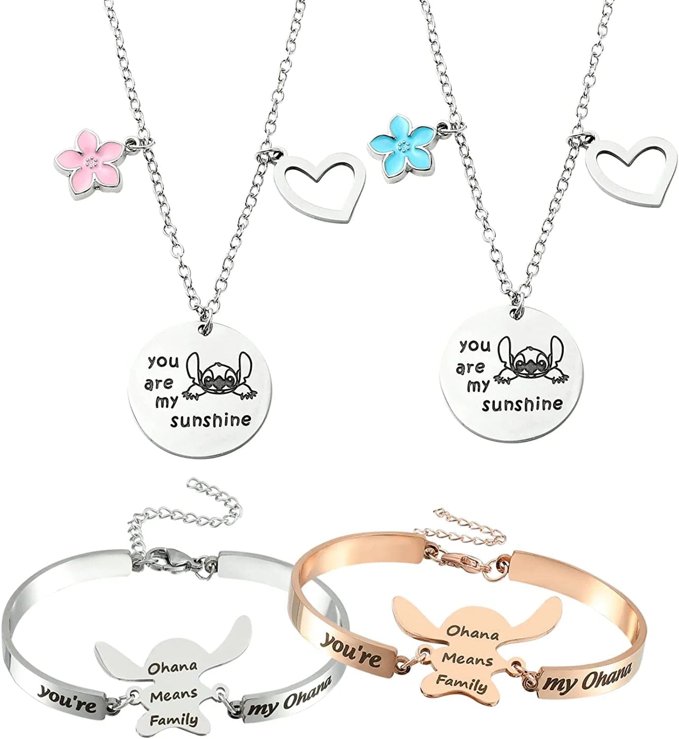 Ohana Means Family Stitch Necklace - Stitch Keychain with Birthstone Stainless Steel Ohana Bracelet Jewelry Set Gift for Women Boys Girls Stitch Lover Bracelet+NecklaceB