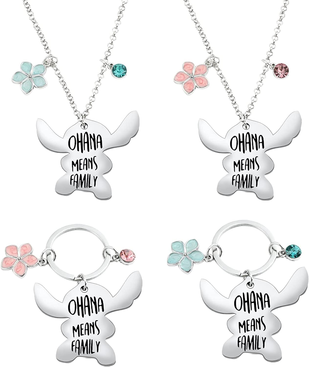 Ohana Means Family Stitch Necklace - Stitch Keychain with Birthstone Stainless Steel Ohana Bracelet Jewelry Set Gift for Women Boys Girls Stitch Lover KeychainA+Necklace