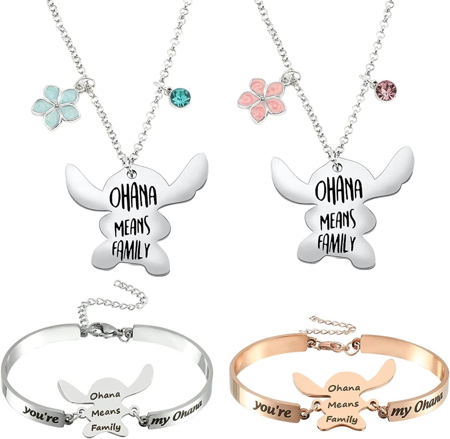 Ohana Means Family Stitch Necklace - Stitch Keychain with Birthstone Stainless Steel Ohana Bracelet Jewelry Set Gift for Women Boys Girls Stitch Lover Bracelet+Necklace