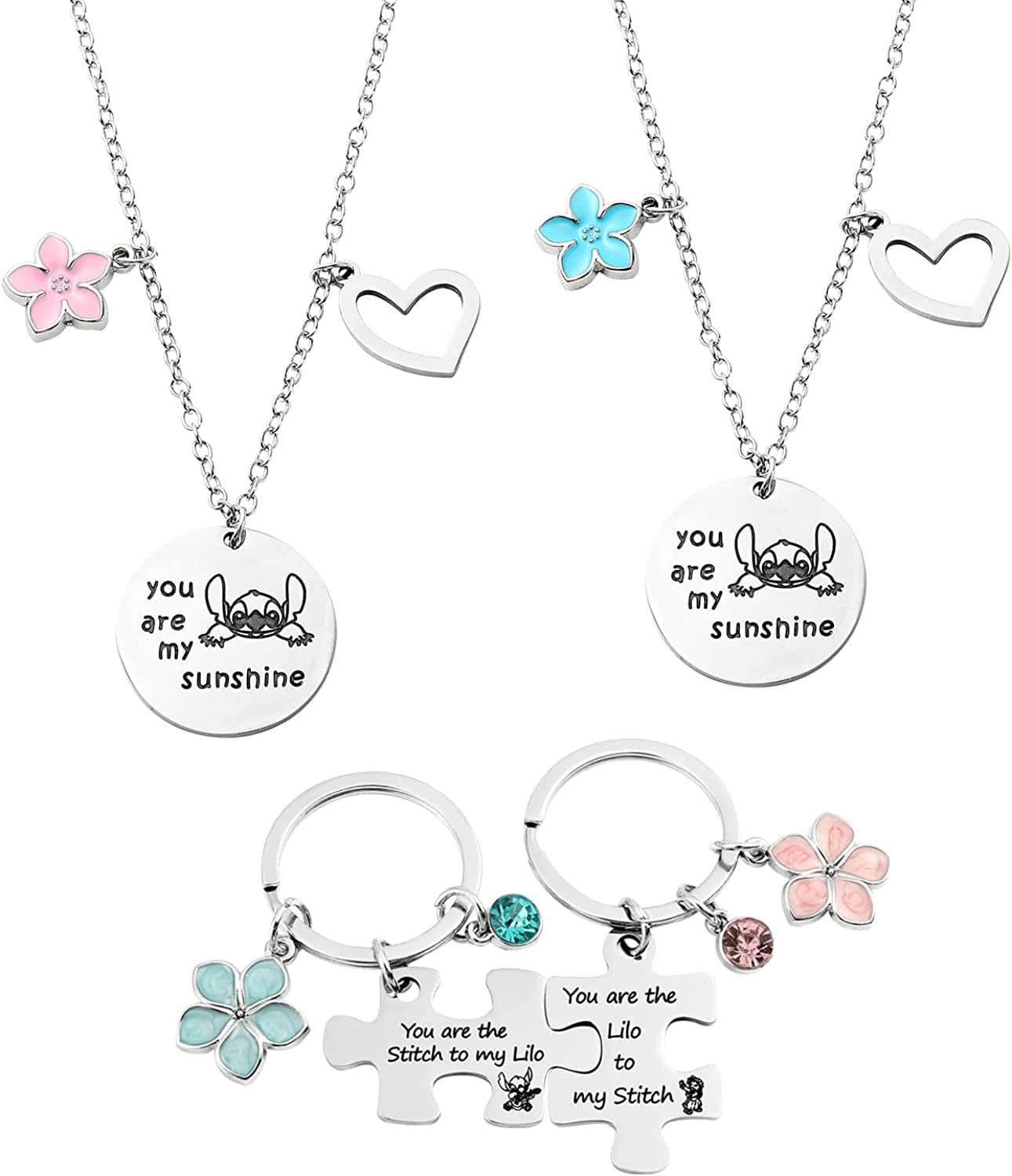 Ohana Means Family Stitch Necklace - Stitch Keychain with Birthstone Stainless Steel Ohana Bracelet Jewelry Set Gift for Women Boys Girls Stitch Lover KeychainB+NecklaceB