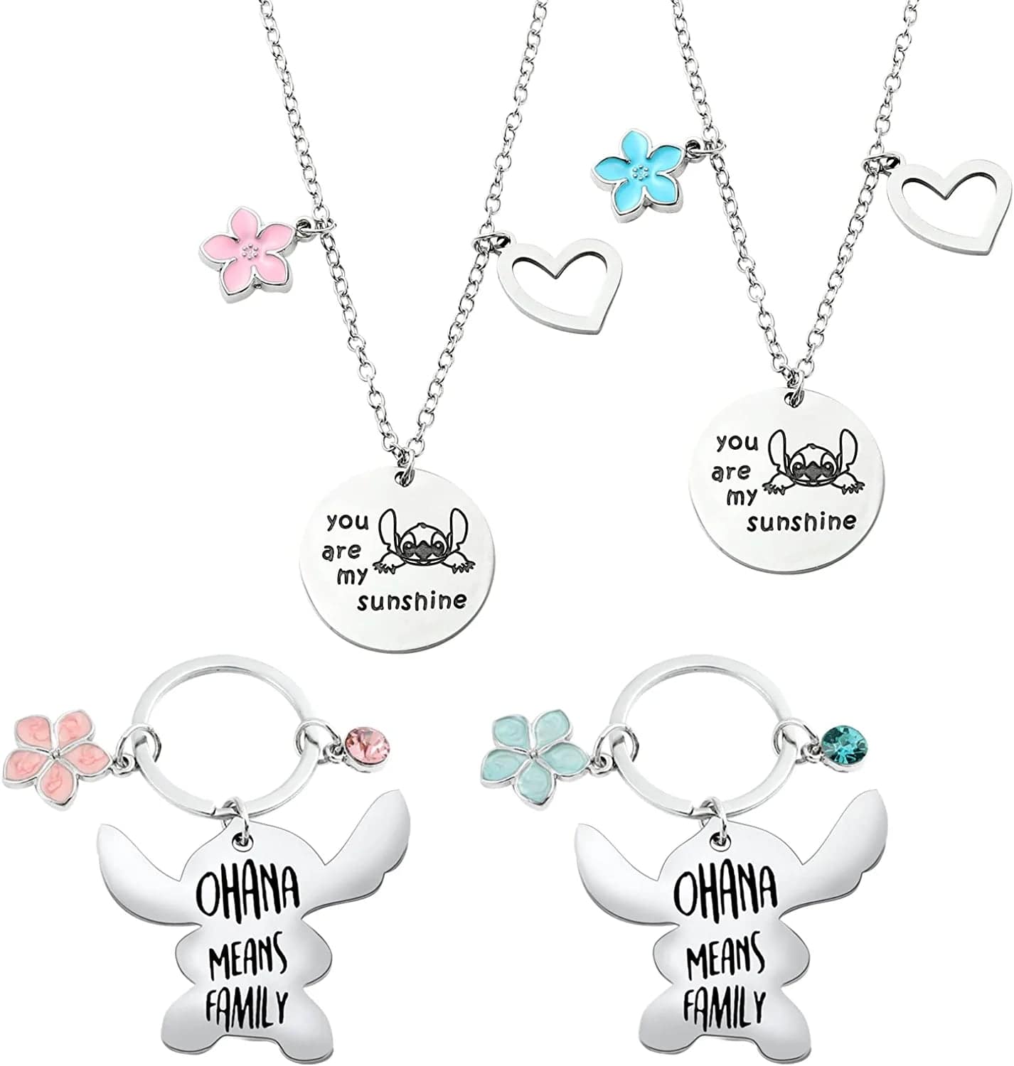 Ohana Means Family Stitch Necklace - Stitch Keychain with Birthstone Stainless Steel Ohana Bracelet Jewelry Set Gift for Women Boys Girls Stitch Lover KeychainA+NecklaceB