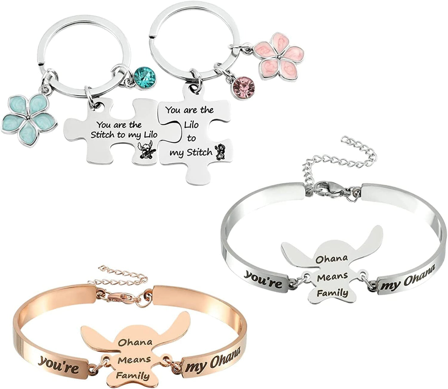 Ohana Means Family Stitch Necklace - Stitch Keychain with Birthstone Stainless Steel Ohana Bracelet Jewelry Set Gift for Women Boys Girls Stitch Lover KeychainB+Bracelet