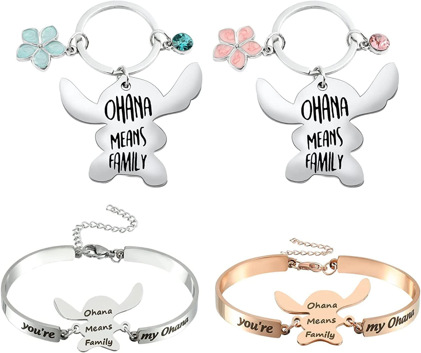 Ohana Means Family Stitch Necklace - Stitch Keychain with Birthstone Stainless Steel Ohana Bracelet Jewelry Set Gift for Women Boys Girls Stitch Lover KeychainA+Bracelet