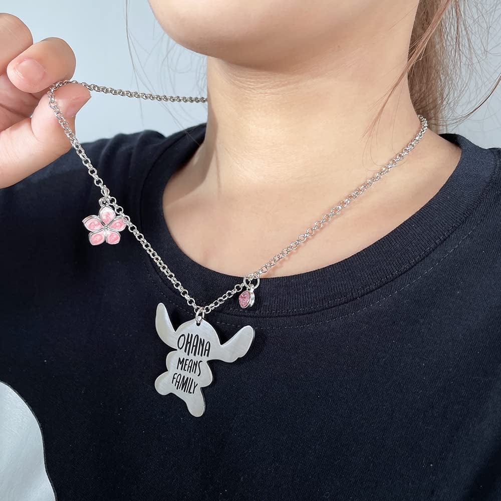 Ohana Means Family Stitch Necklace - Stitch Keychain with Birthstone Stainless Steel Ohana Bracelet Jewelry Set Gift for Women Boys Girls Stitch Lover