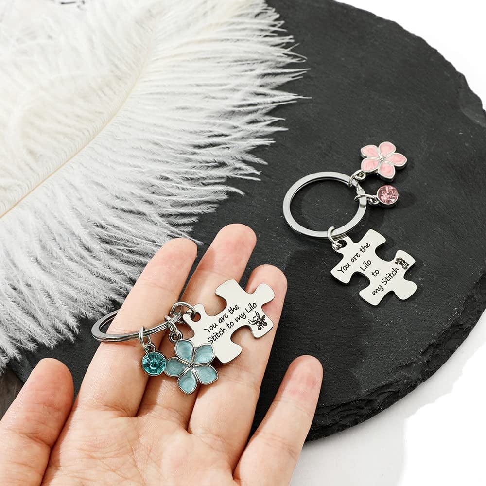Ohana Means Family Stitch Necklace - Stitch Keychain with Birthstone Stainless Steel Ohana Bracelet Jewelry Set Gift for Women Boys Girls Stitch Lover