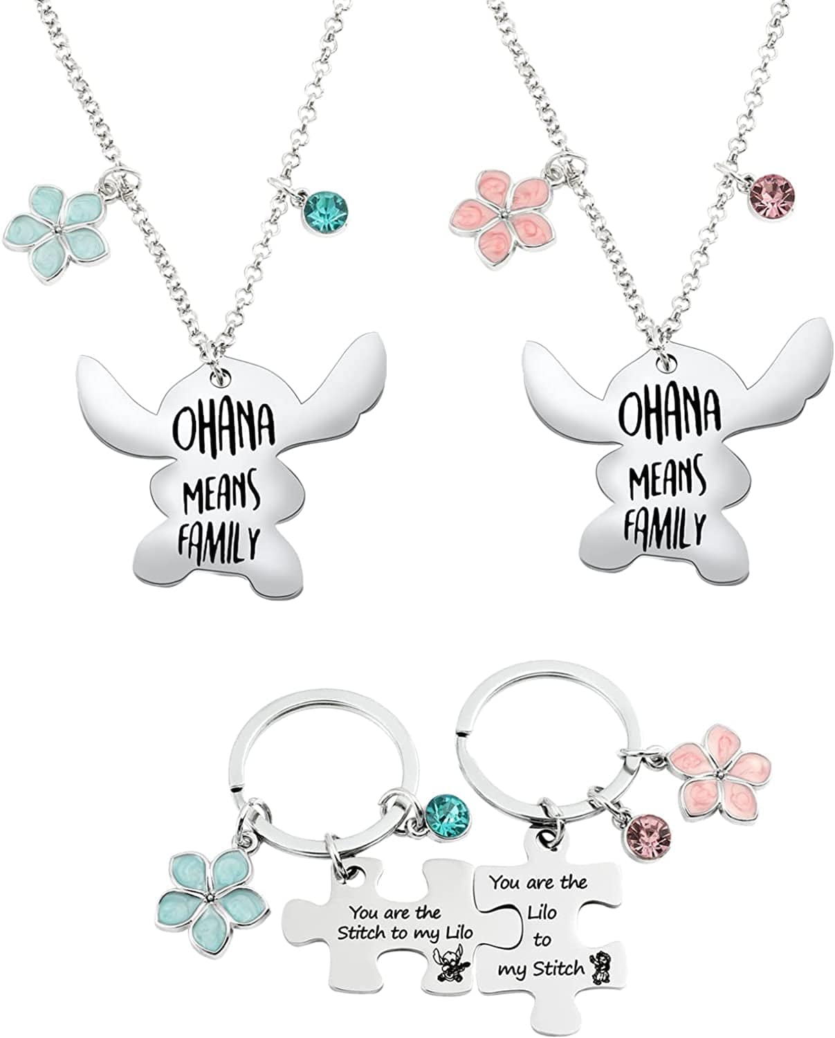 Ohana Means Family Stitch Necklace - Stitch Keychain with Birthstone Stainless Steel Ohana Bracelet Jewelry Set Gift for Women Boys Girls Stitch Lover KeychainB+Necklace