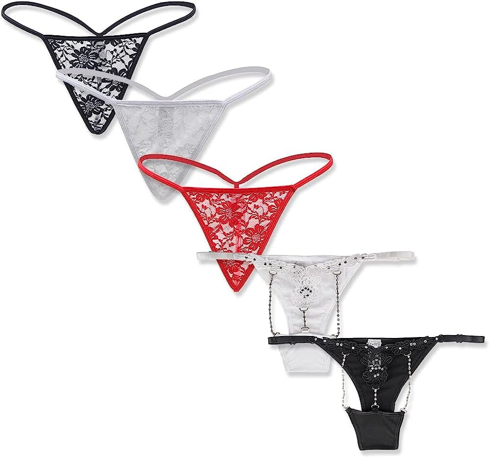 Ohyeahgirl G String Thongs for Women Sheer Floral Lace plus Size Panties Sexy Low Rise Micro T-Back Underwear 5pc/Multicolor / X-Large