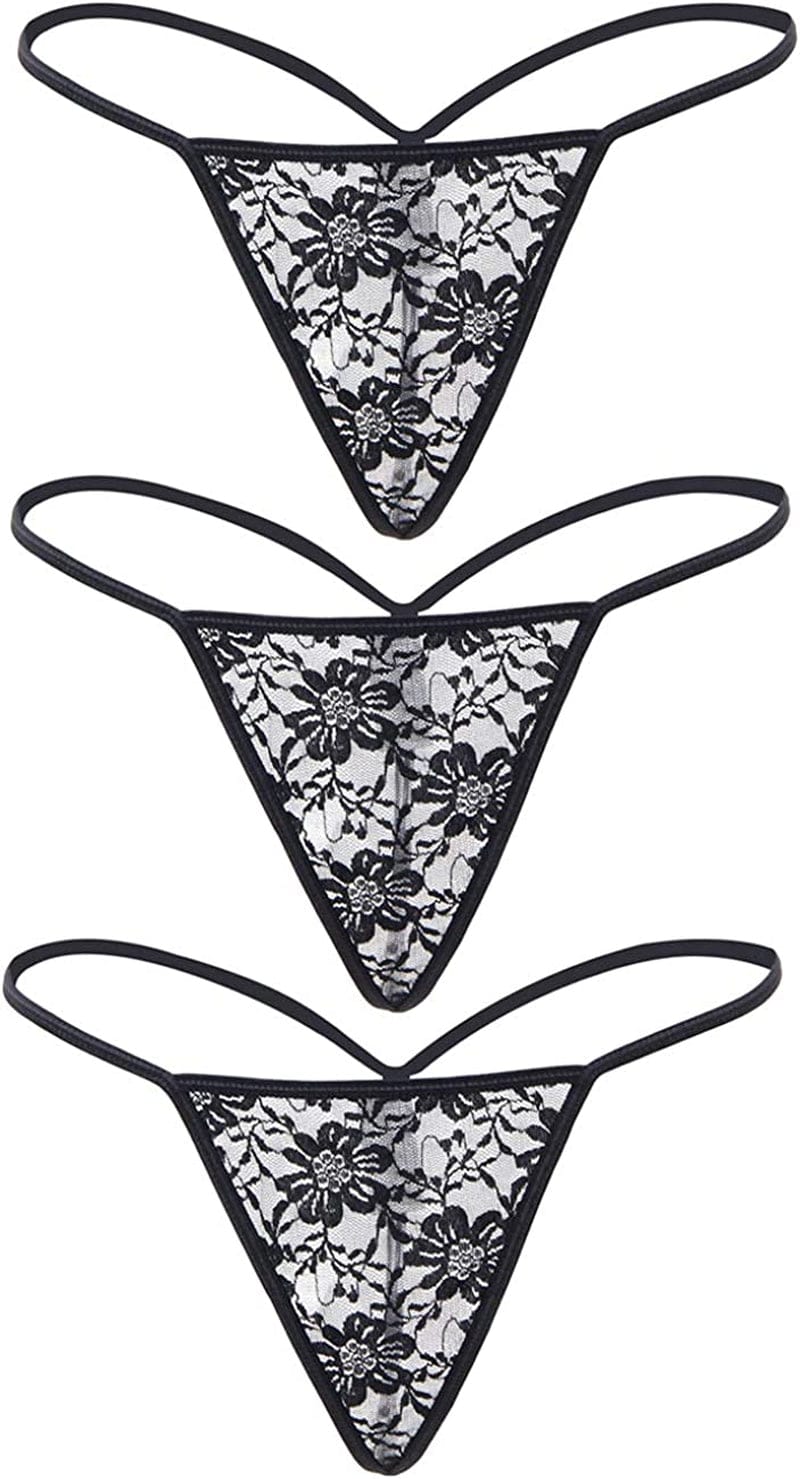 Ohyeahgirl G String Thongs for Women Sheer Floral Lace plus Size Panties Sexy Low Rise Micro T-Back Underwear Black (3-pack) / Small-Medium