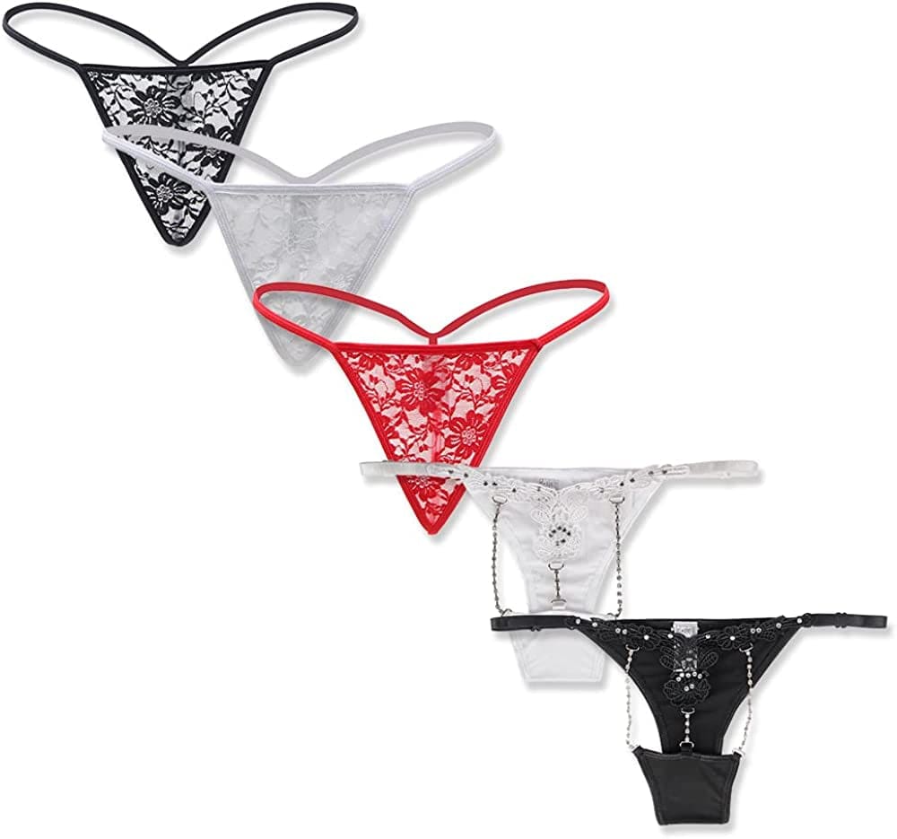 Ohyeahgirl G String Thongs for Women Sheer Floral Lace plus Size Panties Sexy Low Rise Micro T-Back Underwear 5pc/Multicolor / Small-Medium