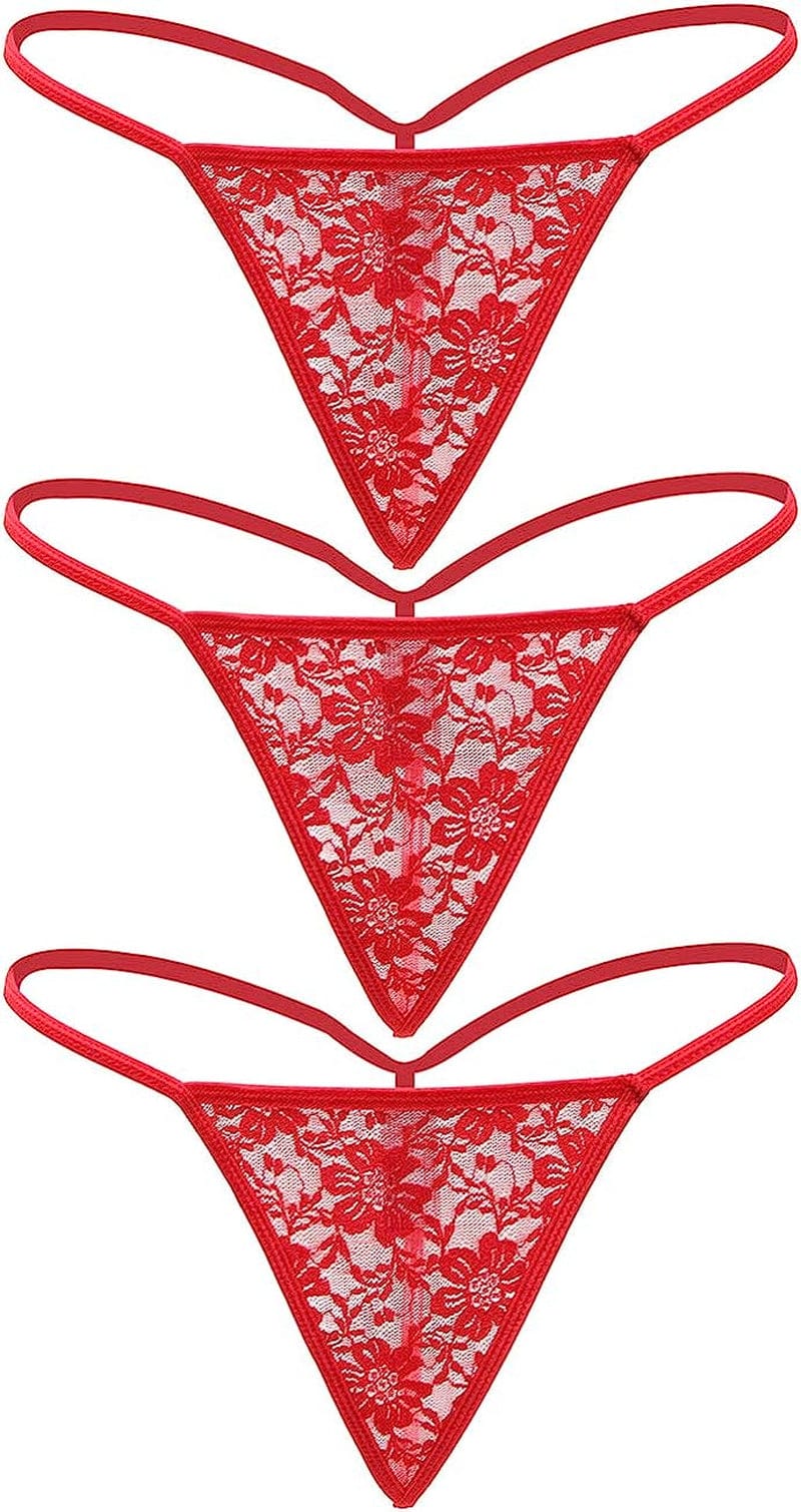 Ohyeahgirl G String Thongs for Women Sheer Floral Lace plus Size Panties Sexy Low Rise Micro T-Back Underwear Red (3-pack) / Small-Medium