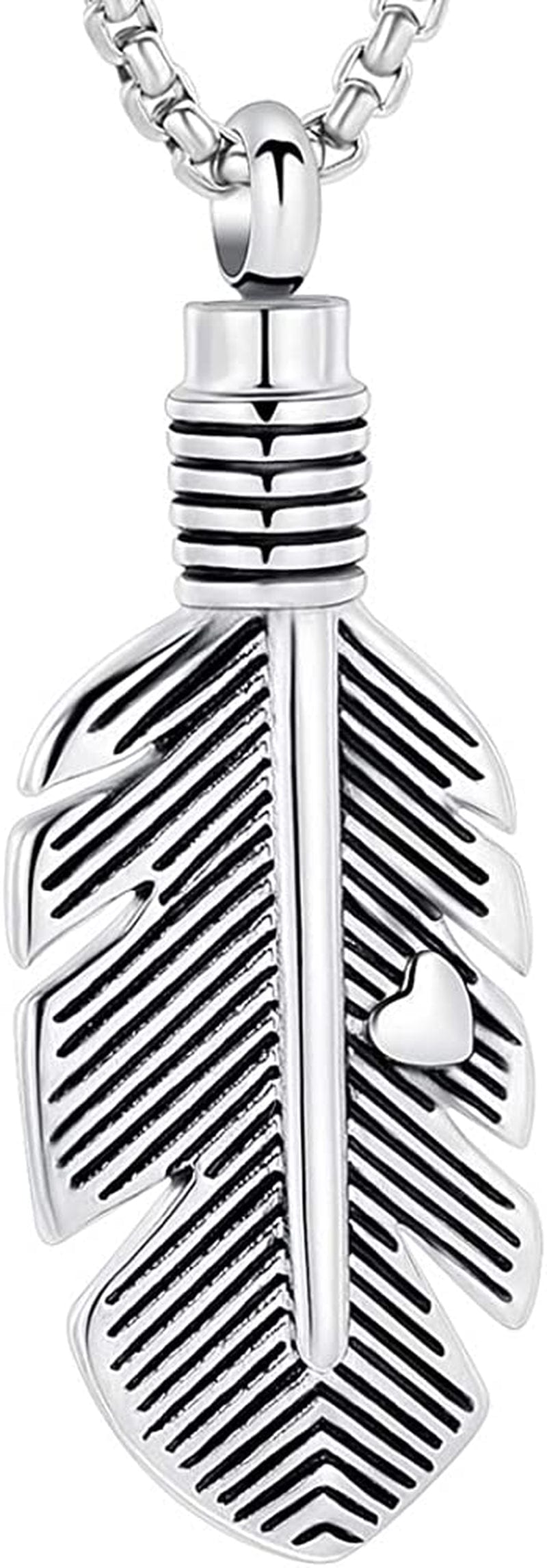 Oinsi Stainless Steel Feather Urn Necklace Hold Cremation Ashes Keepsake Memorial Jewelry +Box+Fill Kits Heart Feather(silver tone)