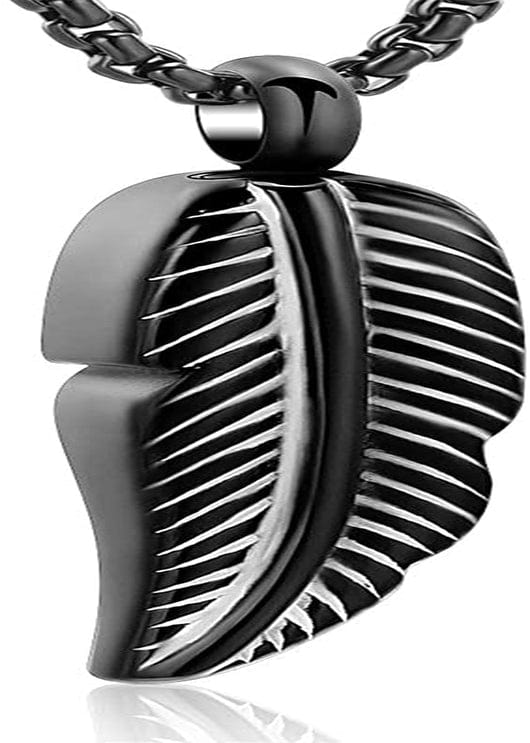 Oinsi Stainless Steel Feather Urn Necklace Hold Cremation Ashes Keepsake Memorial Jewelry +Box+Fill Kits Black