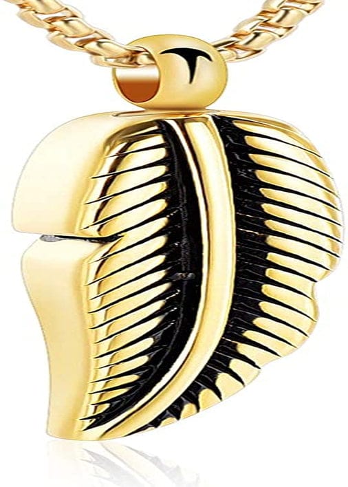 Oinsi Stainless Steel Feather Urn Necklace Hold Cremation Ashes Keepsake Memorial Jewelry +Box+Fill Kits Gold