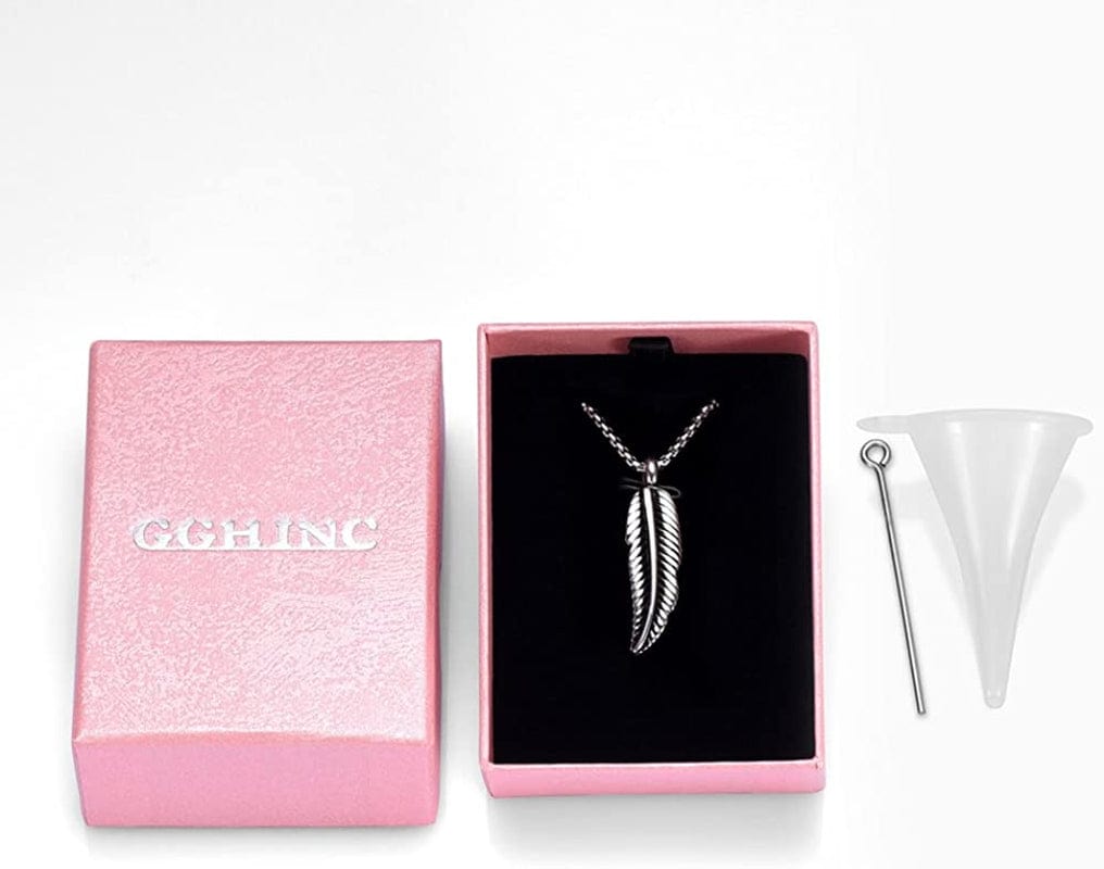 Oinsi Stainless Steel Feather Urn Necklace Hold Cremation Ashes Keepsake Memorial Jewelry +Box+Fill Kits
