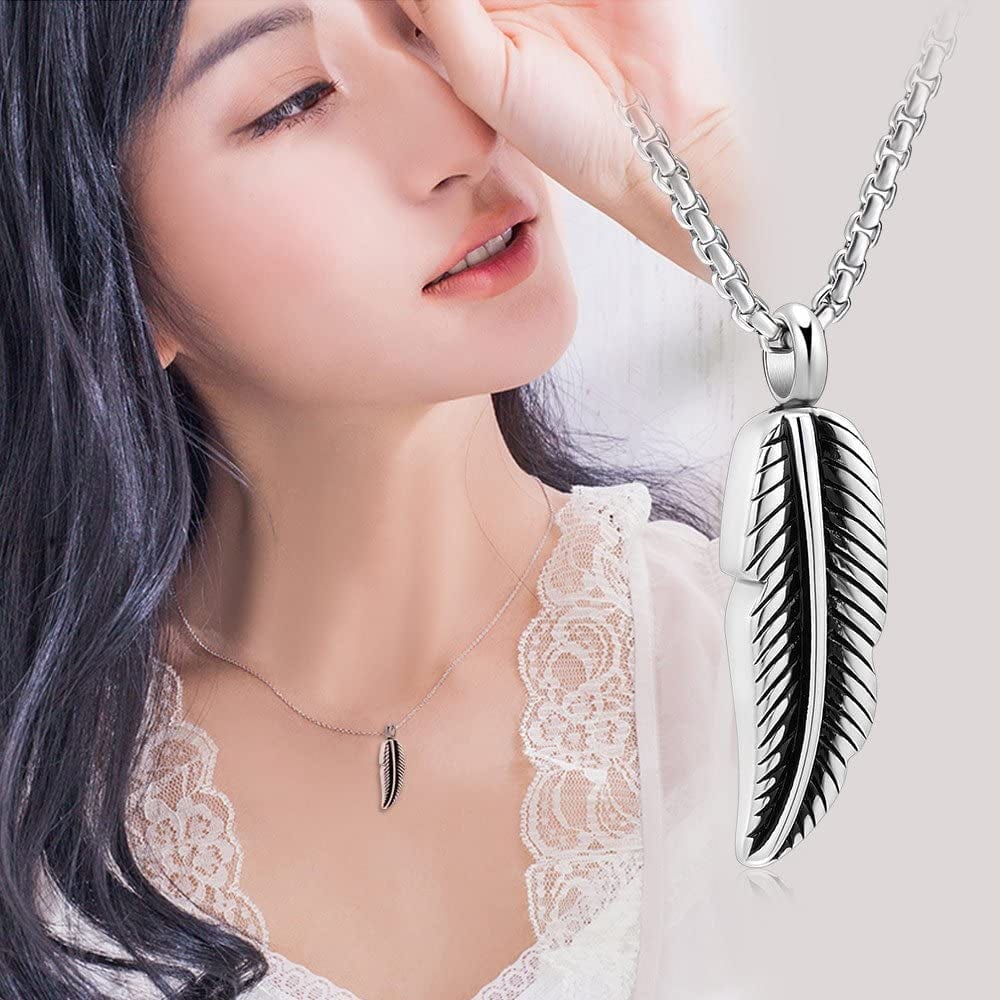 Oinsi Stainless Steel Feather Urn Necklace Hold Cremation Ashes Keepsake Memorial Jewelry +Box+Fill Kits