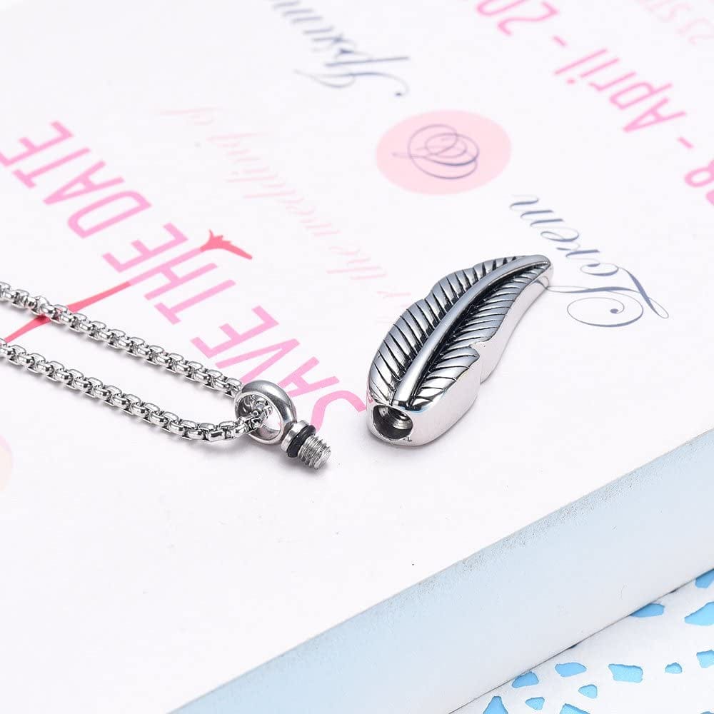 Oinsi Stainless Steel Feather Urn Necklace Hold Cremation Ashes Keepsake Memorial Jewelry +Box+Fill Kits