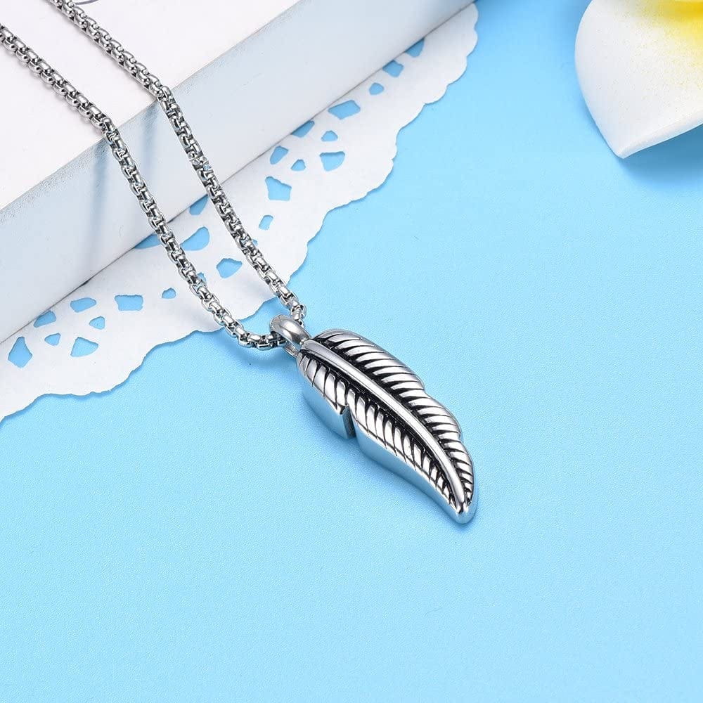 Oinsi Stainless Steel Feather Urn Necklace Hold Cremation Ashes Keepsake Memorial Jewelry +Box+Fill Kits