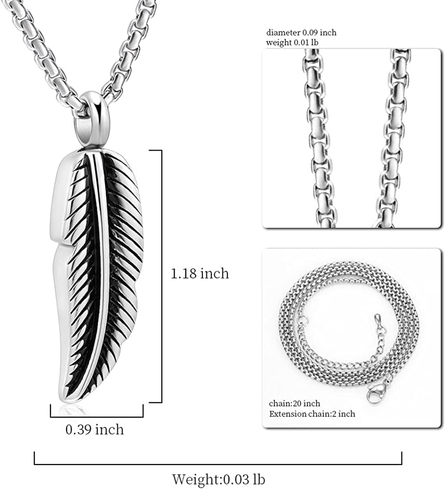 Oinsi Stainless Steel Feather Urn Necklace Hold Cremation Ashes Keepsake Memorial Jewelry +Box+Fill Kits