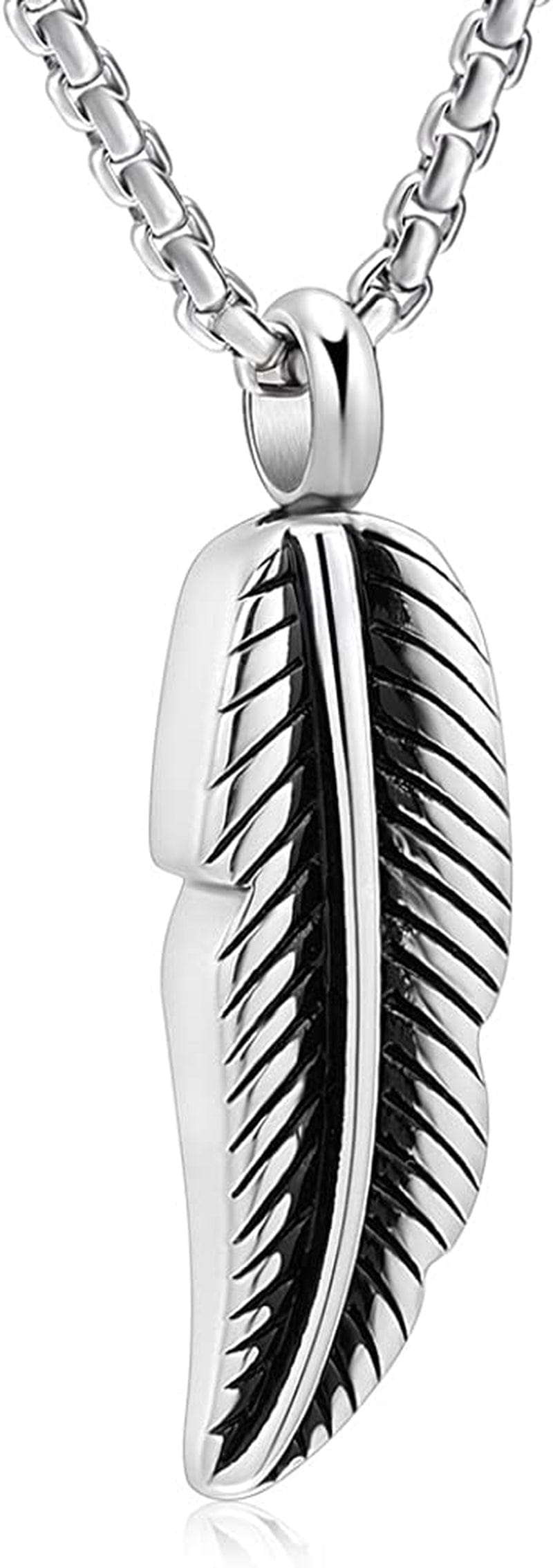 Oinsi Stainless Steel Feather Urn Necklace Hold Cremation Ashes Keepsake Memorial Jewelry +Box+Fill Kits Silver Tone