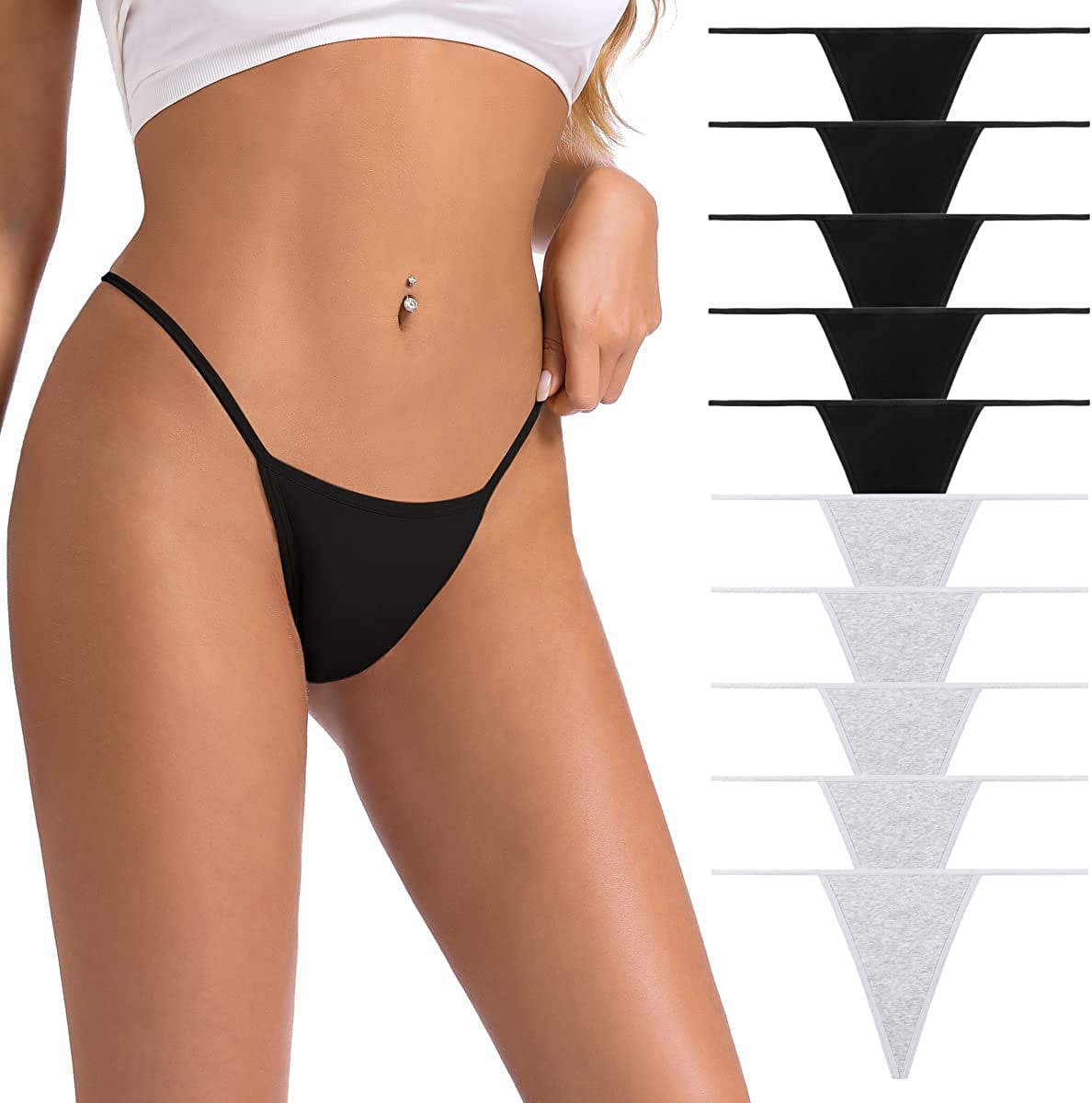 Okalyn Women Cotton G-Strings Thongs No Show Stretchy Underwear Bulk Panties 10 Packs Black&grey / Large