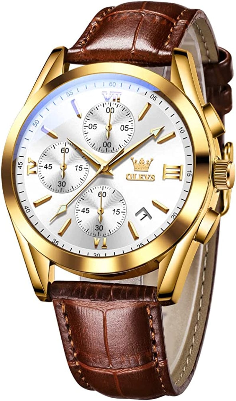OLEVS Men'S Chronograph Quartz Watches, Leather Strap Gold Case with Day Date, Waterproof Stainless Steel Wrist Watch, Luminous Hand Analog Watches for Men, Brown/Black/Blue/White Dial leather strap white dial