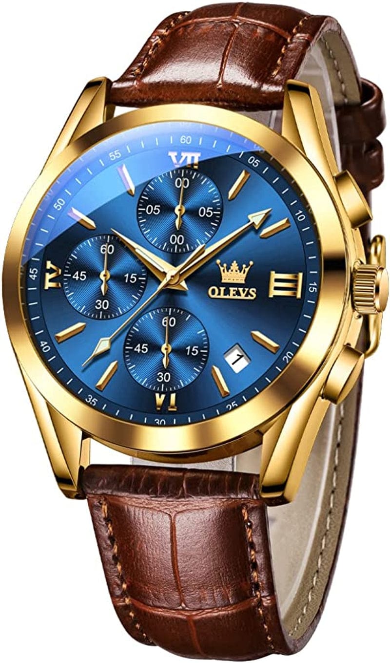 OLEVS Men'S Chronograph Quartz Watches, Leather Strap Gold Case with Day Date, Waterproof Stainless Steel Wrist Watch, Luminous Hand Analog Watches for Men, Brown/Black/Blue/White Dial leather strap blue dial