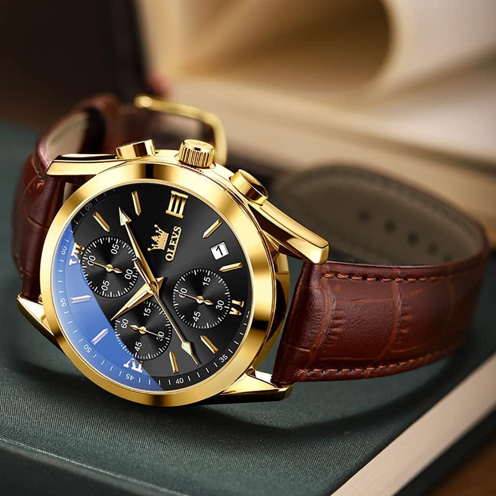 OLEVS Men'S Chronograph Quartz Watches, Leather Strap Gold Case with Day Date, Waterproof Stainless Steel Wrist Watch, Luminous Hand Analog Watches for Men, Brown/Black/Blue/White Dial