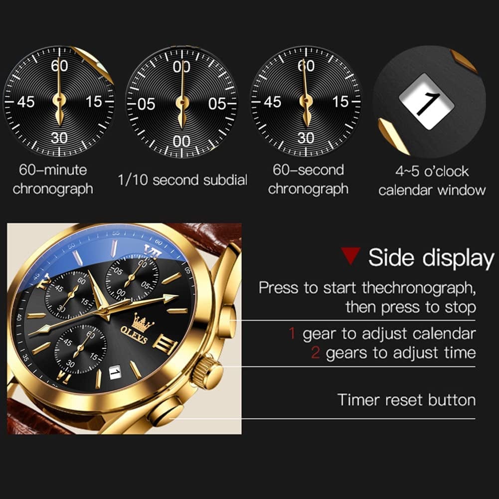 OLEVS Men'S Chronograph Quartz Watches, Leather Strap Gold Case with Day Date, Waterproof Stainless Steel Wrist Watch, Luminous Hand Analog Watches for Men, Brown/Black/Blue/White Dial