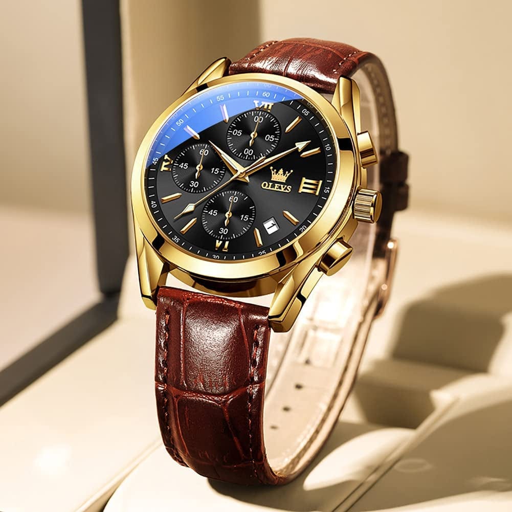 OLEVS Men'S Chronograph Quartz Watches, Leather Strap Gold Case with Day Date, Waterproof Stainless Steel Wrist Watch, Luminous Hand Analog Watches for Men, Brown/Black/Blue/White Dial