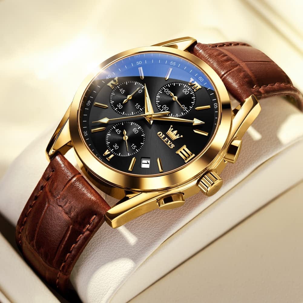 OLEVS Men'S Chronograph Quartz Watches, Leather Strap Gold Case with Day Date, Waterproof Stainless Steel Wrist Watch, Luminous Hand Analog Watches for Men, Brown/Black/Blue/White Dial