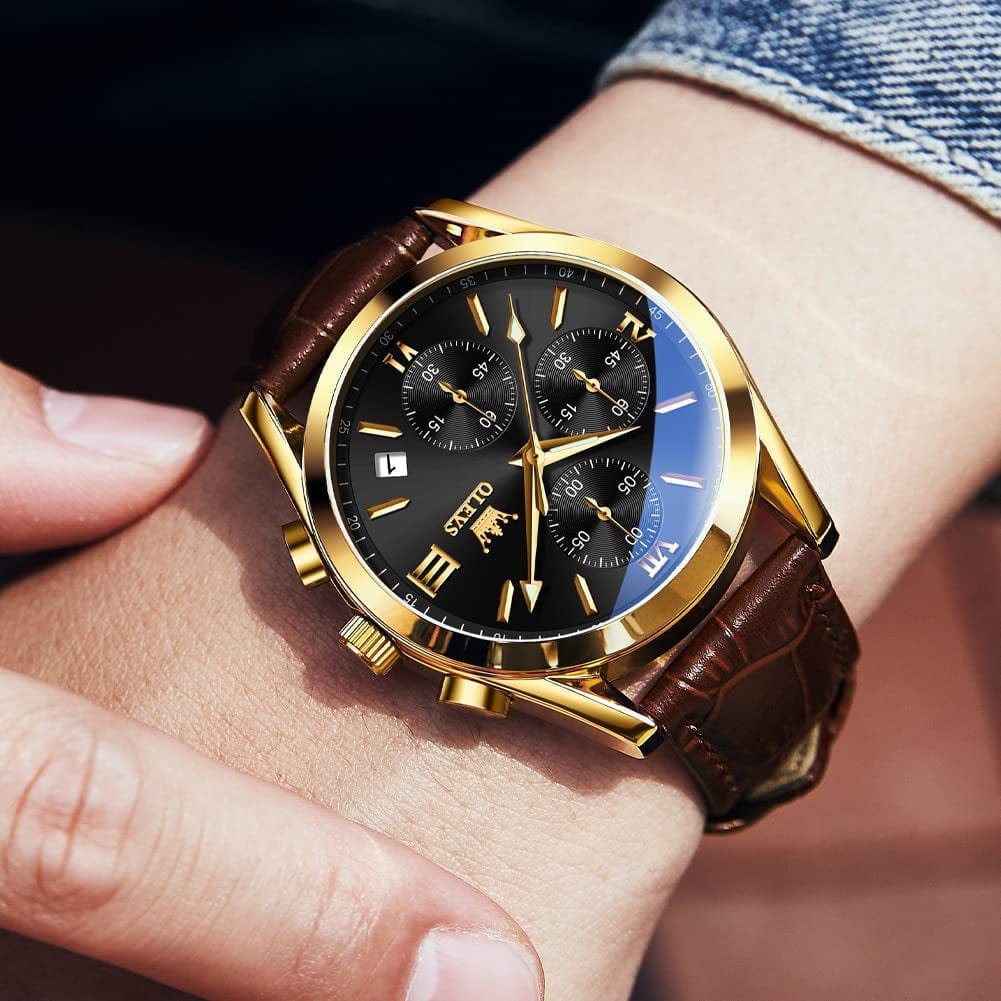 OLEVS Men'S Chronograph Quartz Watches, Leather Strap Gold Case with Day Date, Waterproof Stainless Steel Wrist Watch, Luminous Hand Analog Watches for Men, Brown/Black/Blue/White Dial