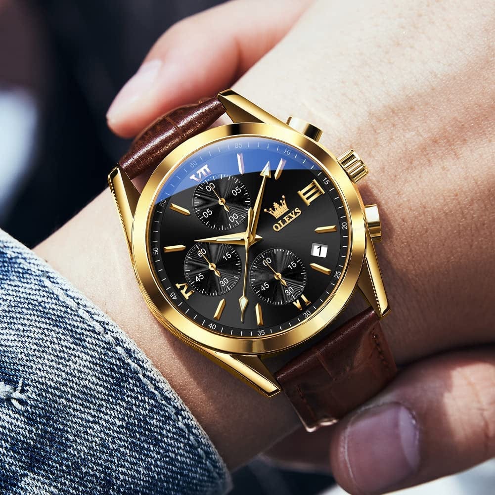 OLEVS Men'S Chronograph Quartz Watches, Leather Strap Gold Case with Day Date, Waterproof Stainless Steel Wrist Watch, Luminous Hand Analog Watches for Men, Brown/Black/Blue/White Dial