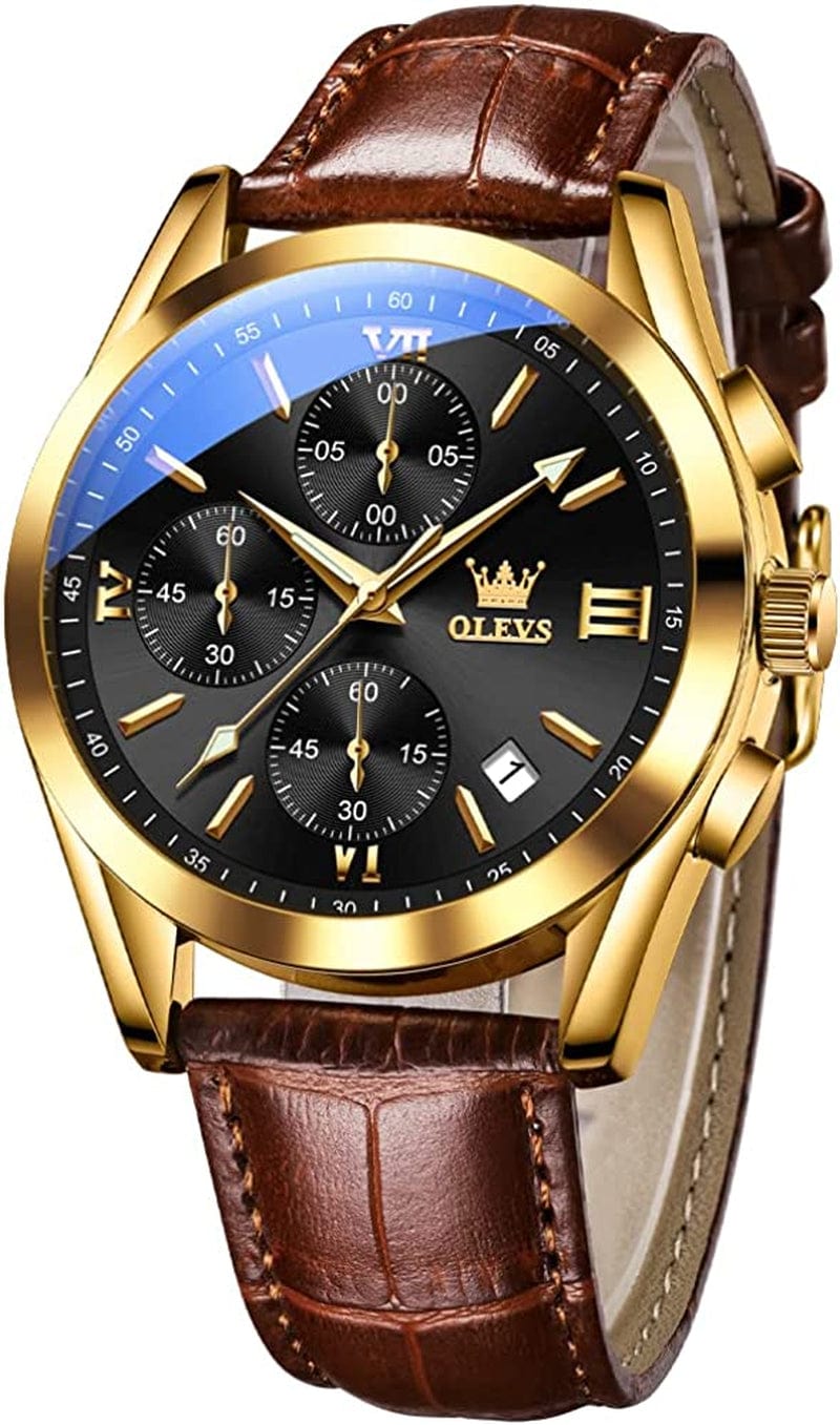 OLEVS Men'S Chronograph Quartz Watches, Leather Strap Gold Case with Day Date, Waterproof Stainless Steel Wrist Watch, Luminous Hand Analog Watches for Men, Brown/Black/Blue/White Dial leather strap black dial