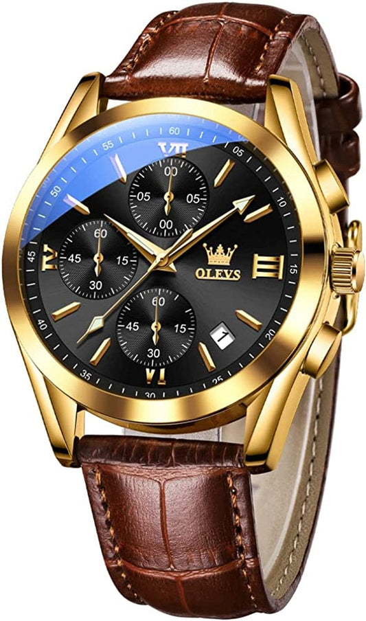 OLEVS Men'S Chronograph Quartz Watches, Leather Strap Gold Case with Day Date, Waterproof Stainless Steel Wrist Watch, Luminous Hand Analog Watches for Men, Brown/Black/Blue/White Dial leather strap black dial